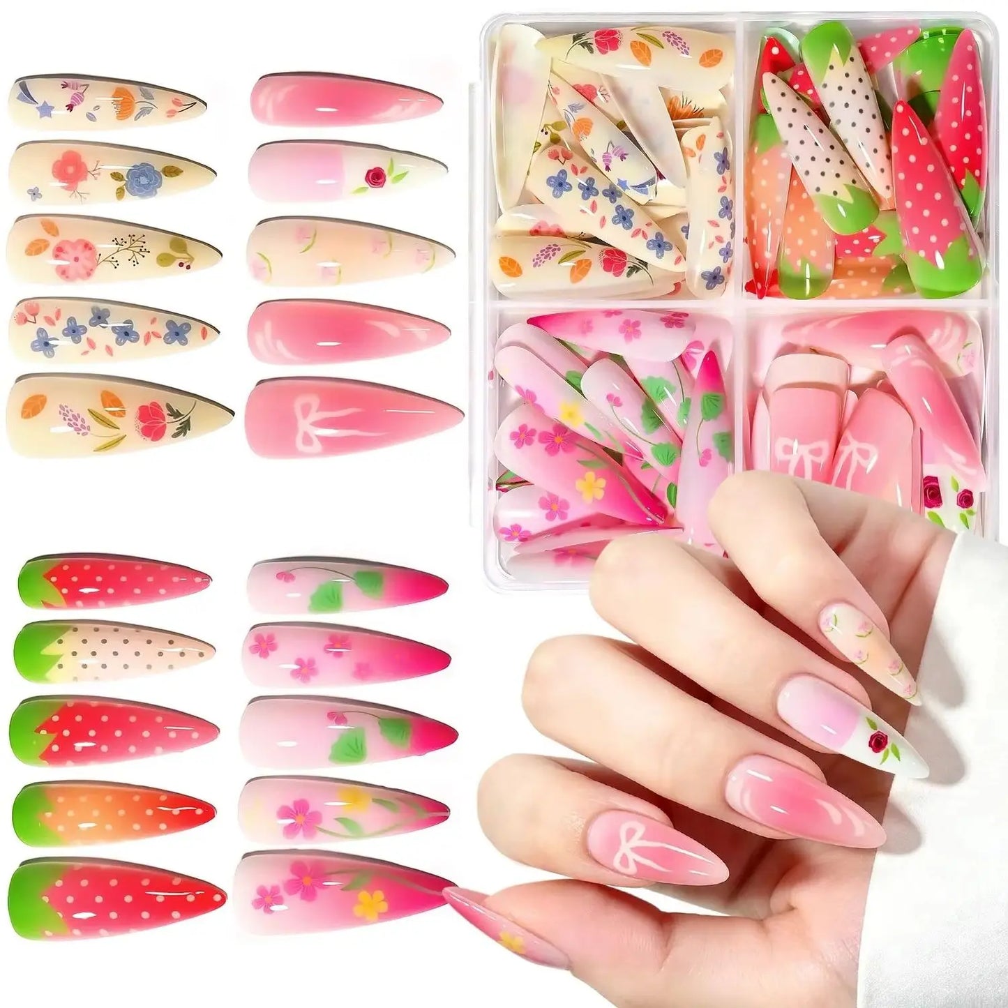 96pcs Gradient Pink Strawberry Design Long Almond False Nails Full Cover Fake Nails Tips Extension Floral Bow Press on Nails
