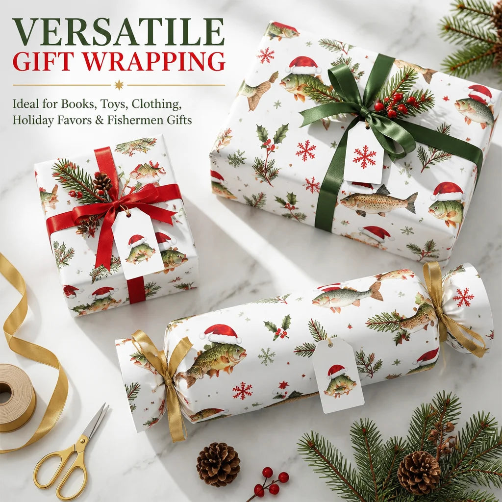 43X300CM Fisherman Christmas Wrapping Paper, Cute Santa Hat Fish Pattern, Winter Pine & Holly Design for Angler Holiday Gifts