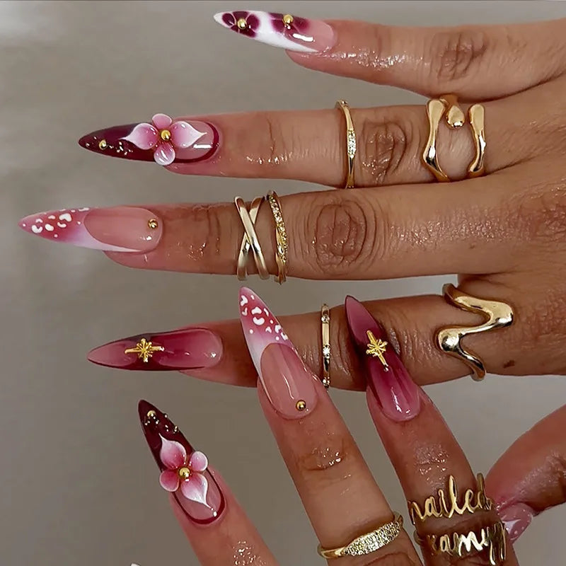 24Pcs French Flowers Pattern Almond Simple False Nails Set with Gloden Stripes Designs Detachable Finished Nails with Jelly Glue