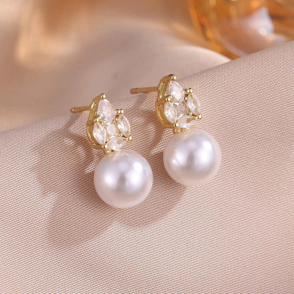ZAKOL New Simple Water Drop Zircon Imitation Pearl Stud Earring for Women Exquisite Bride and Bridesmaid Wedding Jewelry