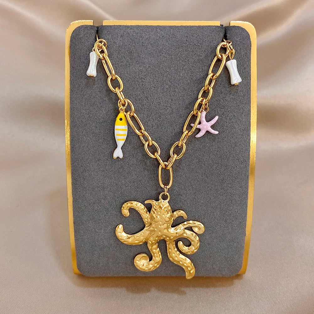 Flashbuy Golden Ocean Charm Necklace, Starfish Crab Octopus Pendant, Boho Beach Jewelry for Women, Summer Vacation Accessory