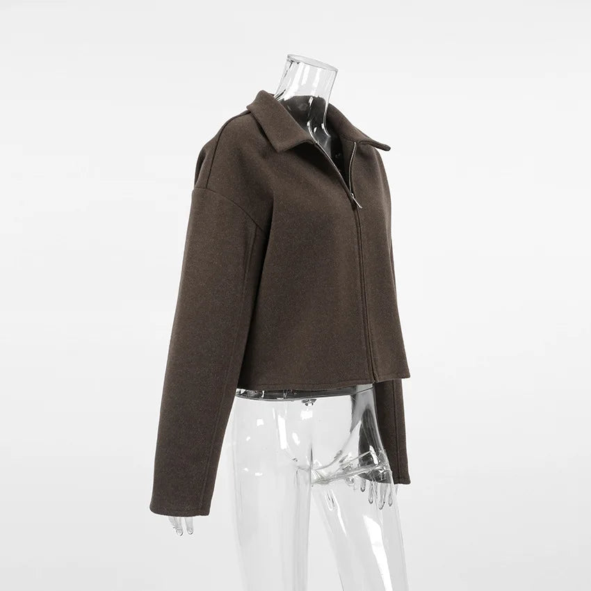 Elegant Women's Woolen Coat Zipper Long Sleeve Blazer Thick Warm Office Lady Tops 2026 Autumn Winter Fashion Short Streetwear