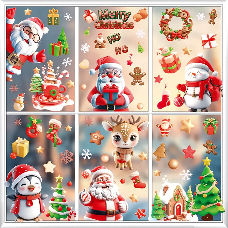 Xmas Cartoon Character Window Stickers, Santa Penguin Snowman Reindeer Christmas Window Clings, Festive Removable Glass Decals 