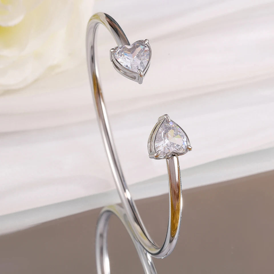 ZAKOL 4/1pcs Fashion Stainless Steel Sackable Bracelets Shiny Heart-shaped Zircon Embellished Bracelet Bangles Charm Jewelry Gif