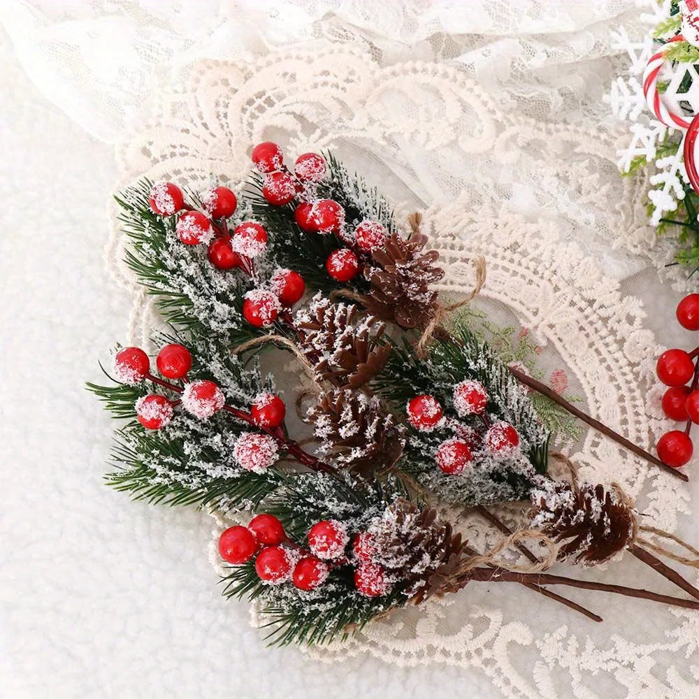 10 Rustic Cedar Branches with Faux Berries And Holly - Durable Plastic Christmas Ornaments, Fireplace Garlands, Vine Decorations