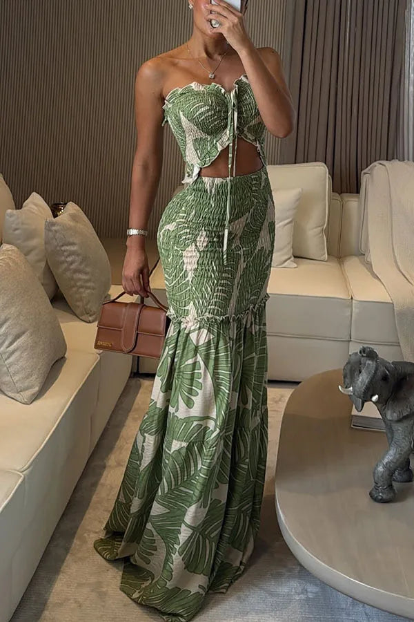 BKLD Women Clothing Halter Neck Party Dresses Fashion Printed Vacation Outfits Hollow Out Ruched Night Out Vestidos Clubwear