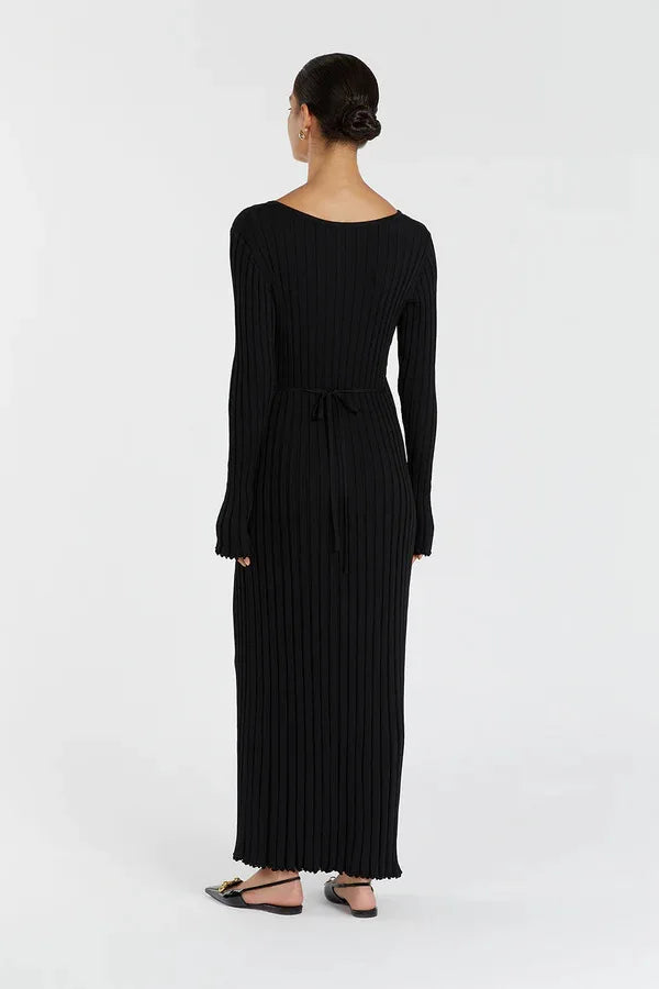 Vintage Lace-Up Female Knit Maxi Dress Elegant High Waist Patchwork Long Sleeve Loose Solid Dress Bodycon Knitwear Basic Dresses