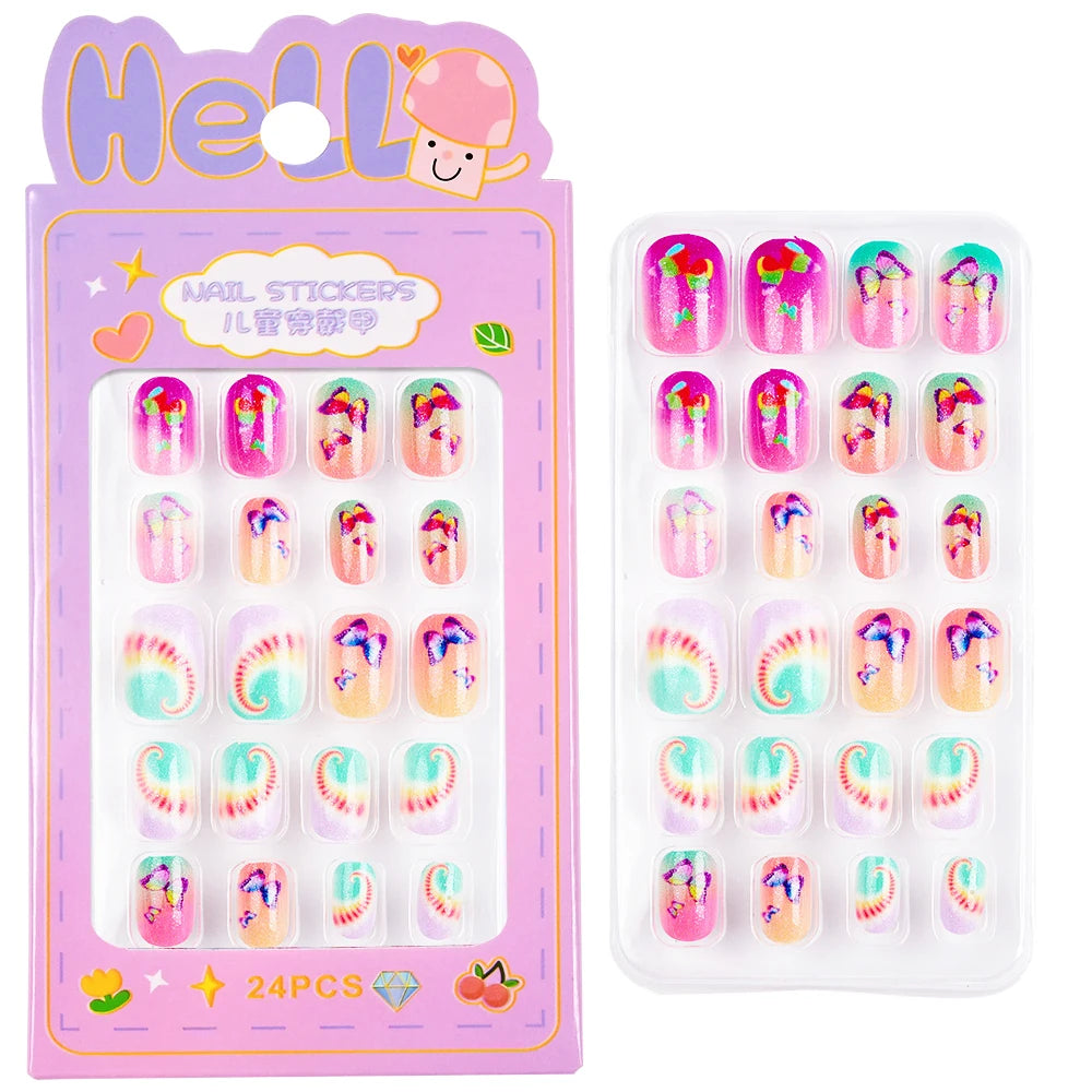 24Pcs/Box Cartoon Heart Bow Rainbow Design Kid Fake Nails Tips Cute False Nail Girls Press on Nails Full Cover Short Fingernails