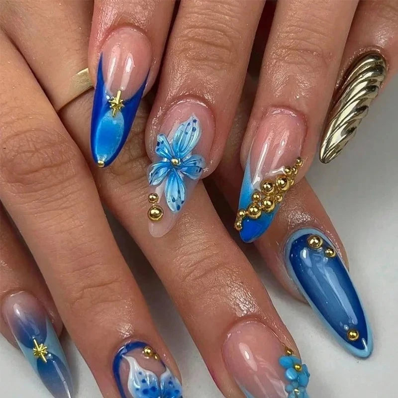 24Pcs French Flowers Pattern Almond Simple False Nails Set with Gloden Stripes Designs Detachable Finished Nails with Jelly Glue