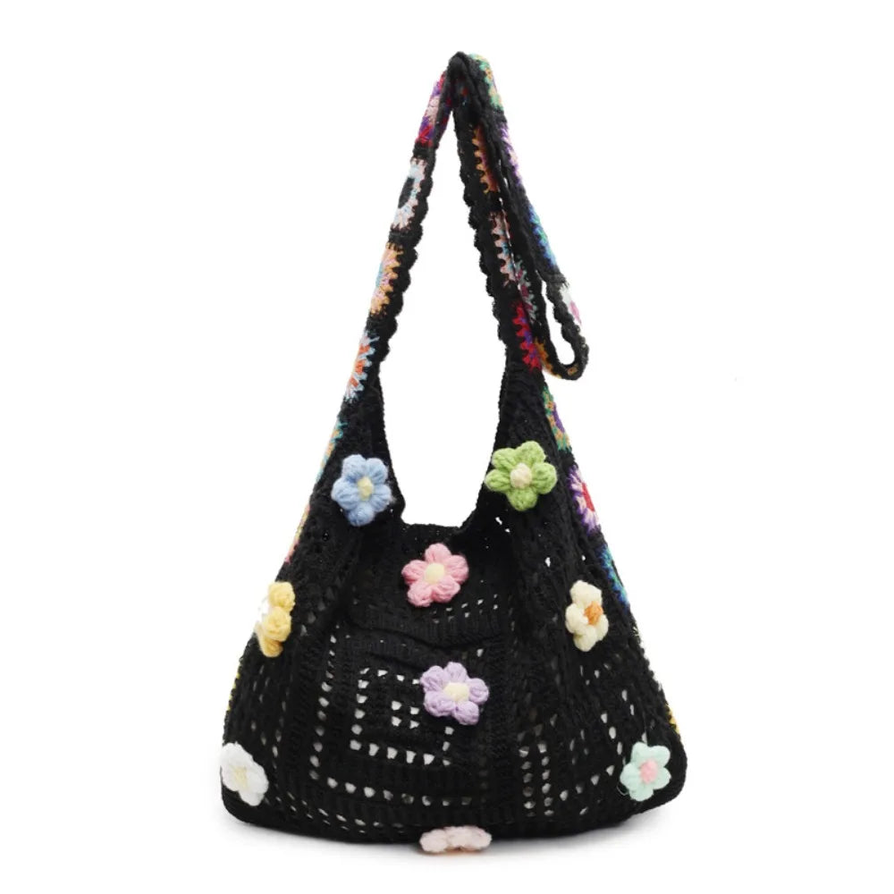 Boho Knitting Shoulder Bag Floral Large Capacity Bohemian Crochet Crossbody Bag Ethnic Style Lazy Style Casual Woven Handbag