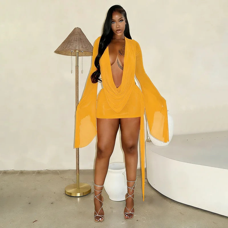 BKLD Solid Color 2026 New Women's Clothing Mesh Swinging Collar Long Sleeve Open Back A-line Short Dresses Party Clubwear