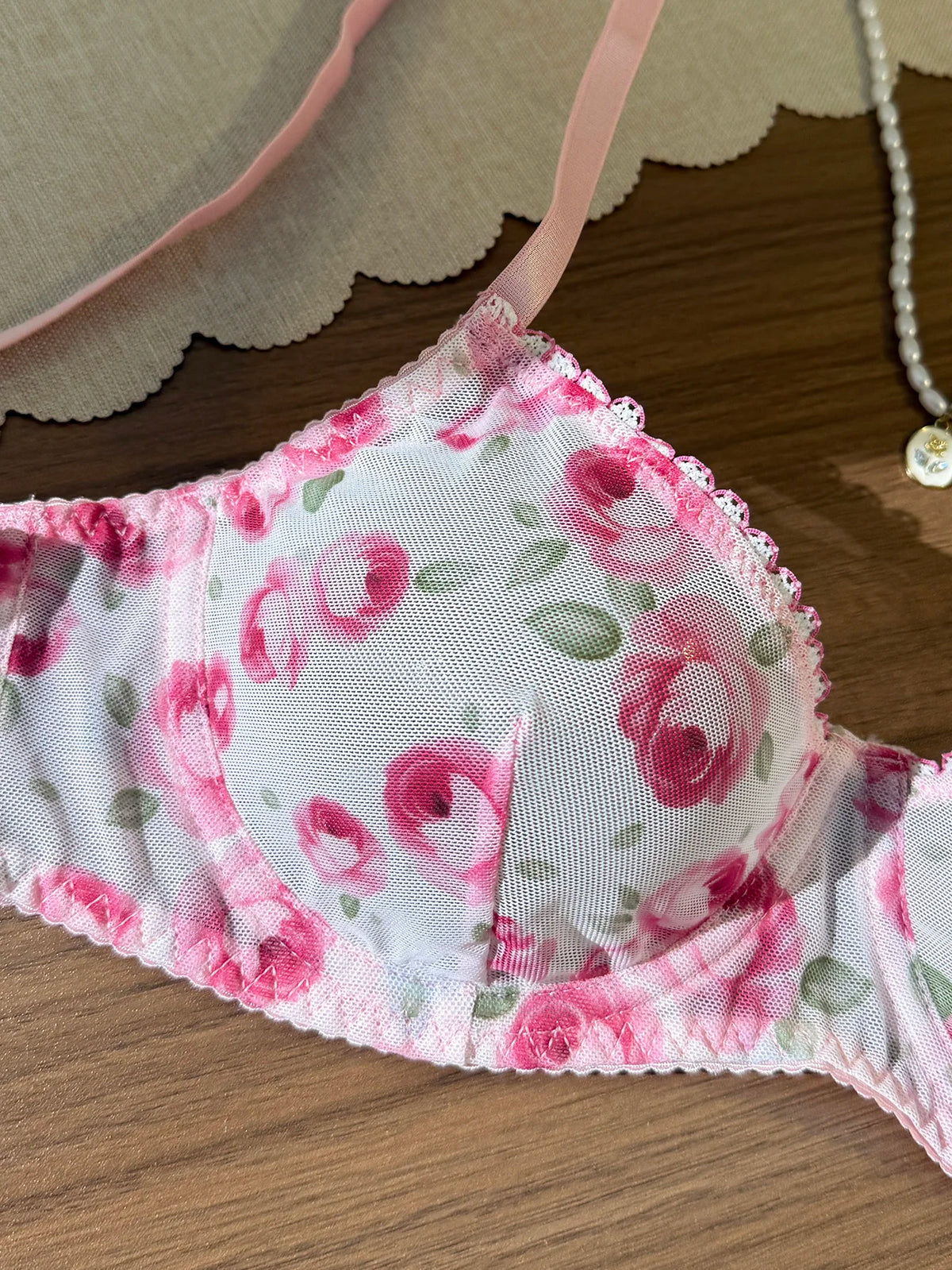 Pink Rose Print Lace Underwear Set French Romantic Style Bra + Briefs Thin Breathable Mesh Sexy Two-Piece Set