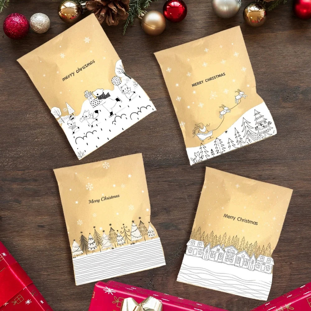 24 Sets Vintage Christmas Kraft Paper Bags Let it Snow Candy Treat Bag with Stickers Advent Calendar Xmas Party Favor Gift Pouch