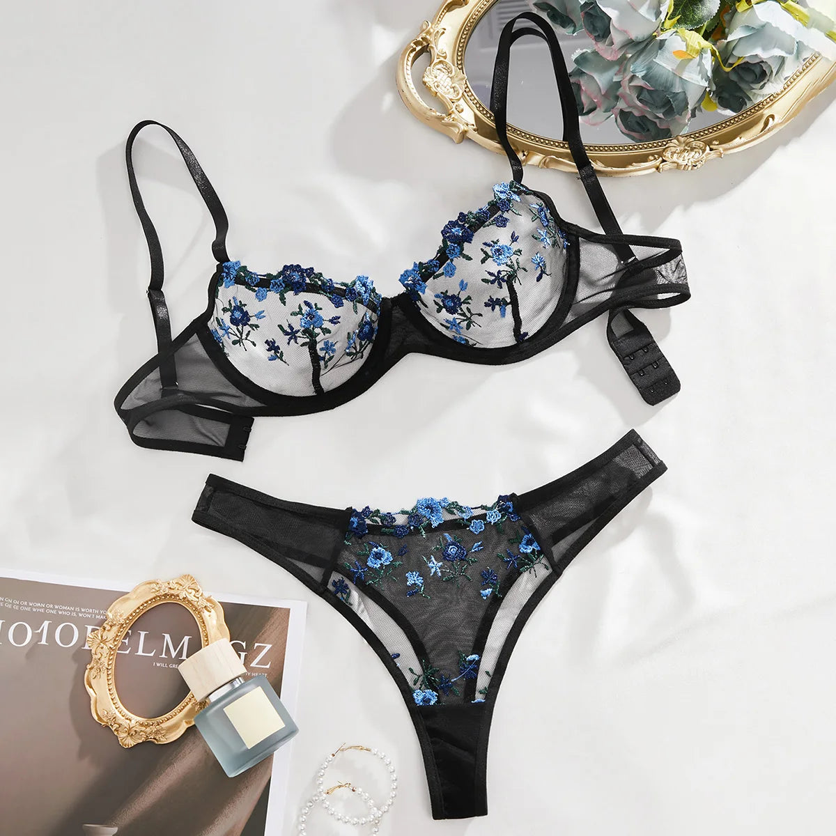 Black and Blue Floral Embroidery Bra Set Women's Half Cup Underwear Thin Breathable Thong 2-Piece Set Valentine's Day Gift