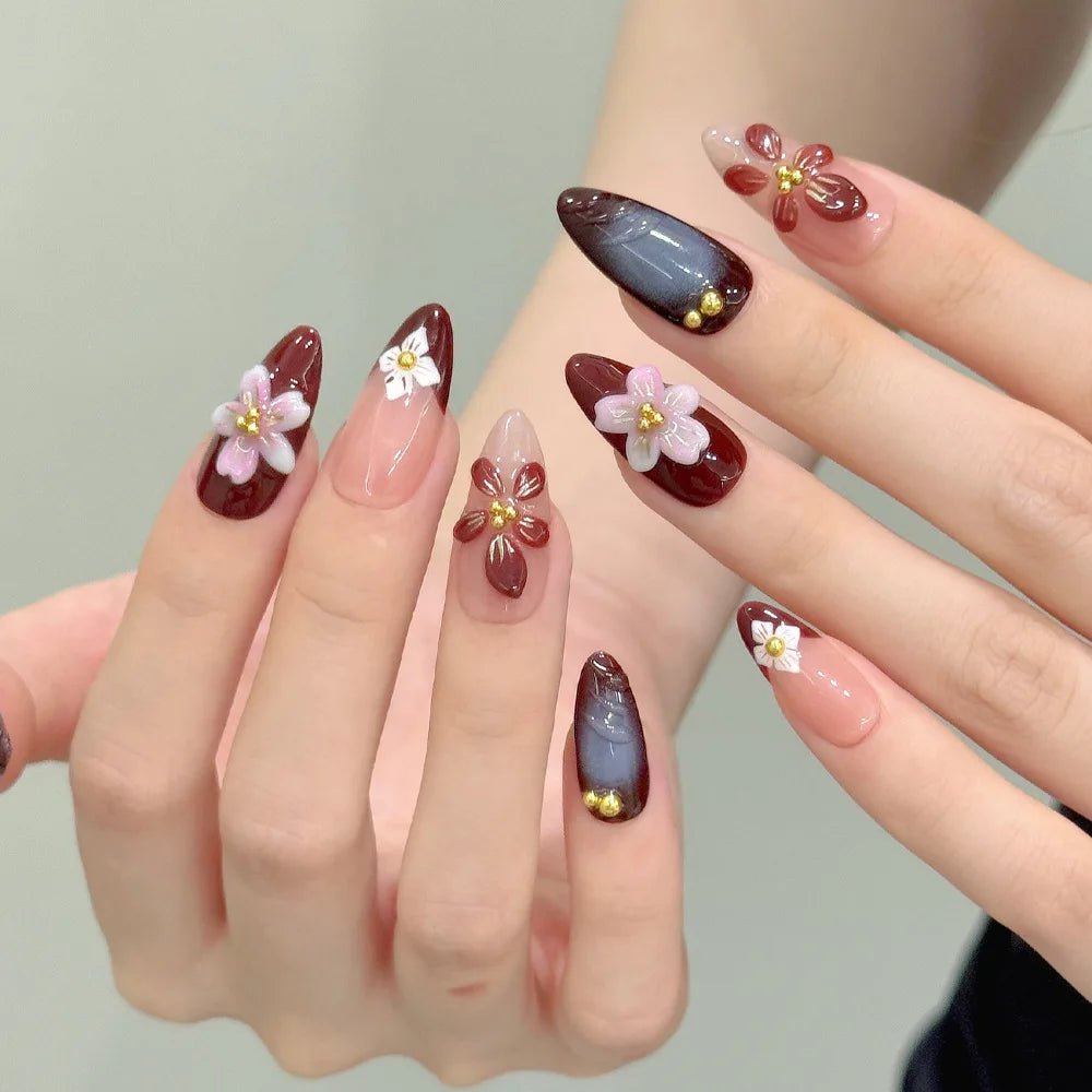 24Pcs Wine Red Almond Bow Heart Designs Press on Nails Glitter Cat Eye Diamond Nail Patch Wearable Elegant Full Cover Nail Tips