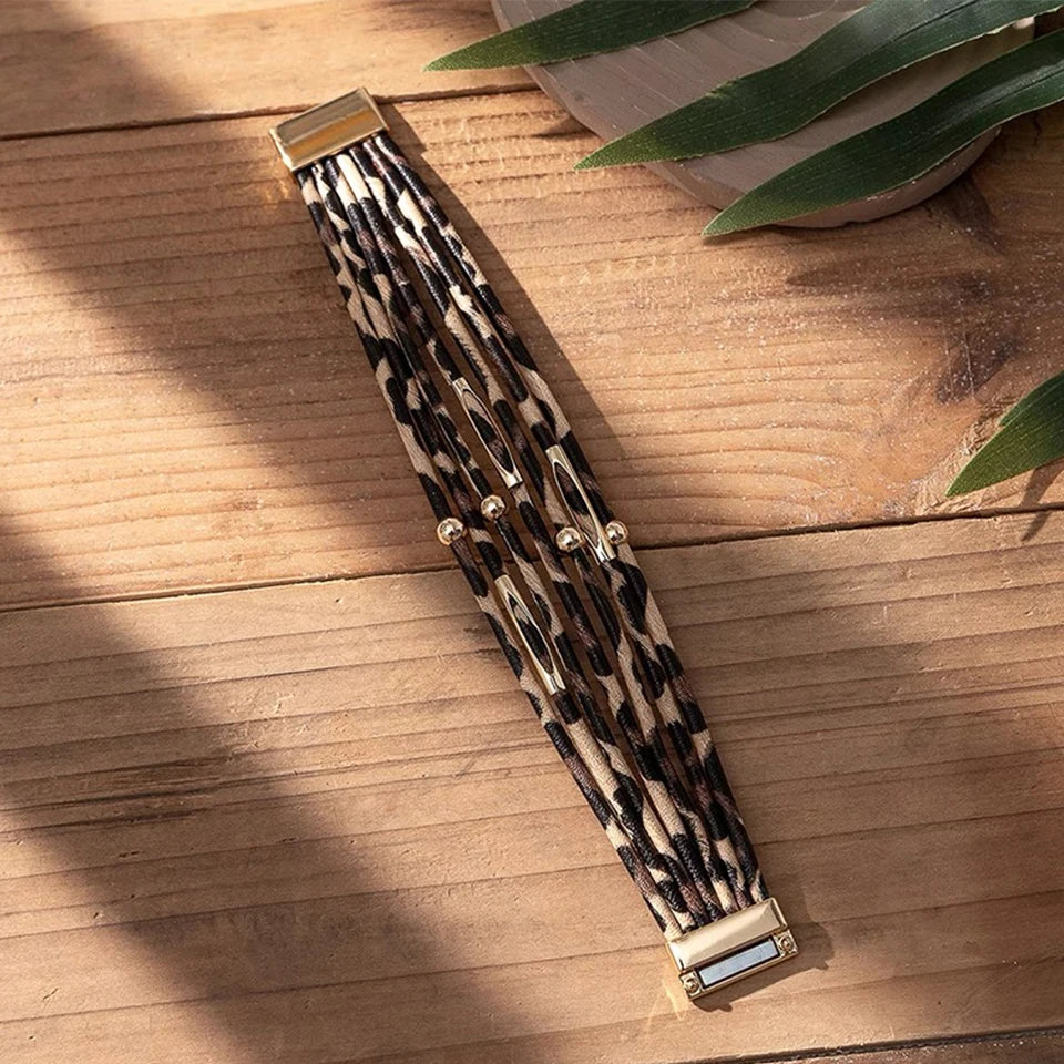 ZAKOL Retro Metal Tube Sexy Leopard Print Leather Bracelet For Men Women Boho Multi-Layer Wrapped Bracelets Charm Jewelry