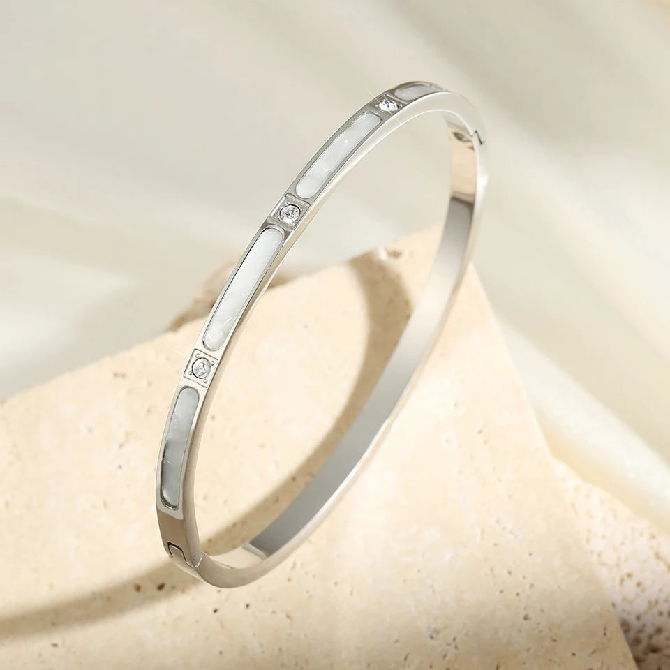 ZAKOL Niche Design White Fritillary Shell Stainless Steel Bracelet for Women Fashion Inlaid Zirconia Daily Bangle Jewelry Gift