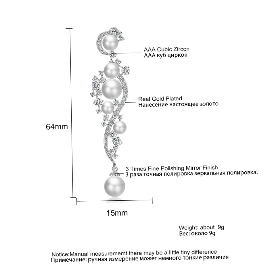 ZAKOL Luxury Shiny AAA Cubic Zirconia Hanging Earrings for Women Imitation Pearl Bridal Long Earring Women's Wedding Jewelry