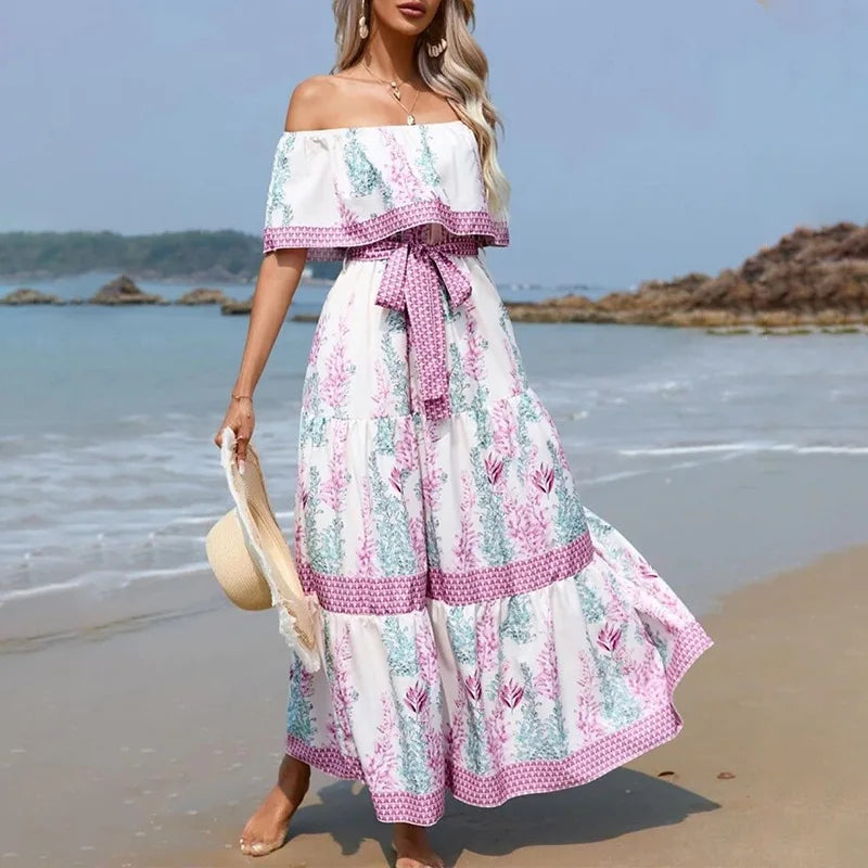 BKLD Elegant Printed Maxi Dress Sexy Off The Shoulder Tie Waist Slim Fit Dress Women Summer Party Vacation Outfits 2026 New