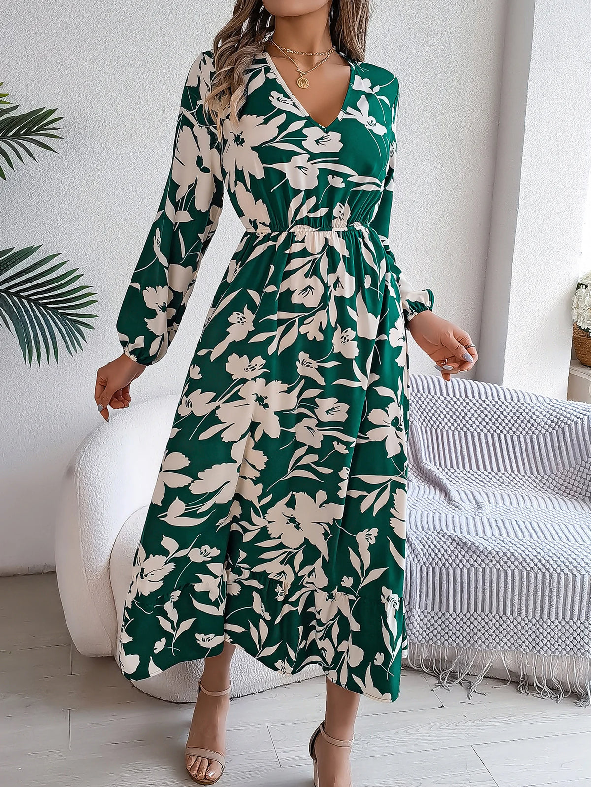 Spring Autumn Elegant V Neck Floral Print Dress 2026 Fashion Lantern Long Sleeve Ruffled Edge Maxi Dresses for Women Streetwear