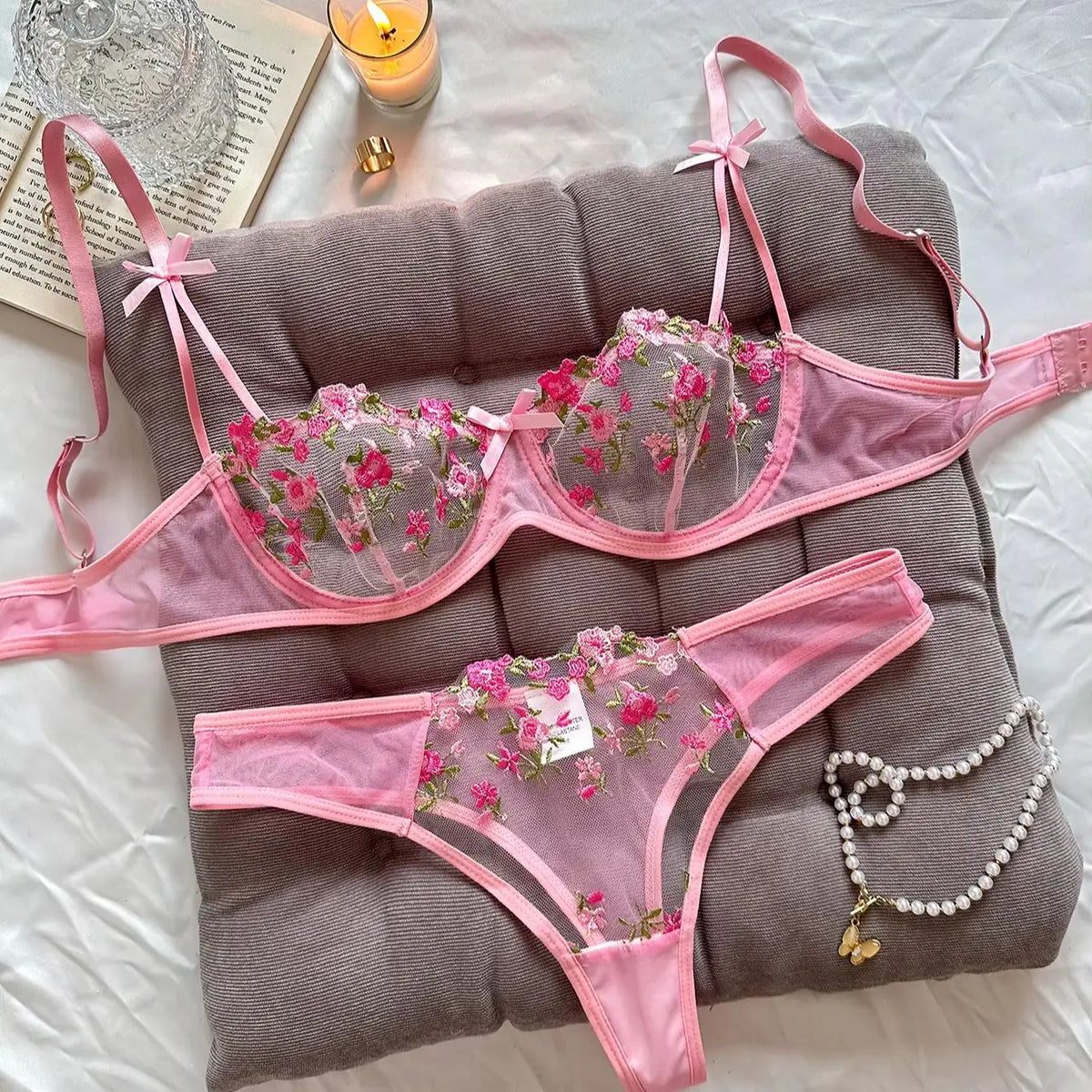 Ladies Pink Embroidered Floral Print Underwear Set Feminine Elegant Small Motif Lace Detail Comfortable Women's Nightgown