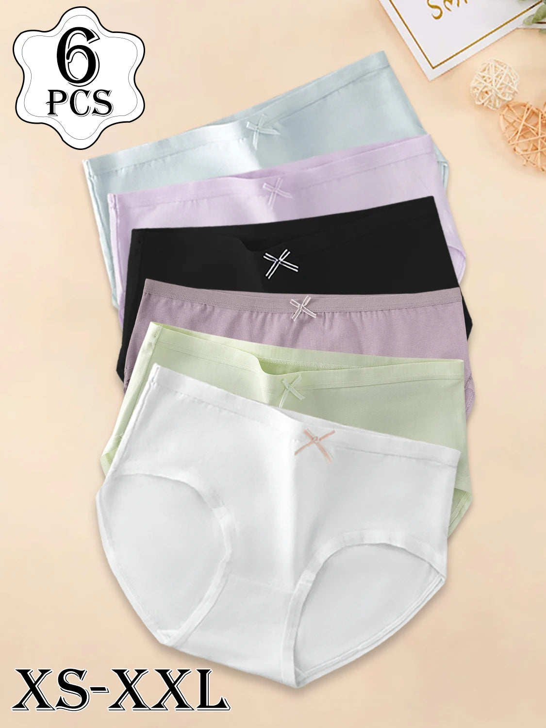 6PCS Women's Underpants Cotton Panties Solid Color Bowknot Design Briefs Simple Comfortable Breathable Female Lingerie Girls