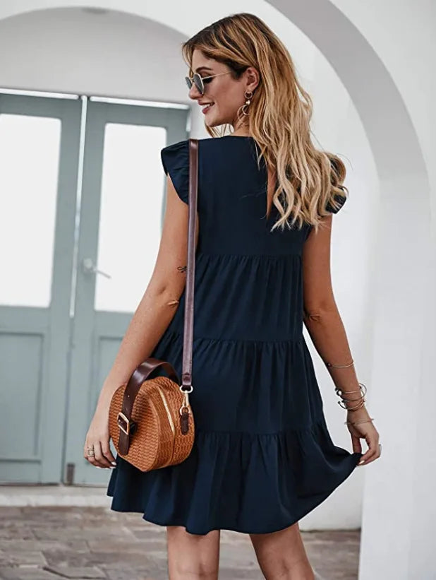 Women Elegant Ruffle Mini Dress Casual Solid O Neck Beach Party Sundress Simple Chic Loose Short Dress Vintage Harajuku Vestido