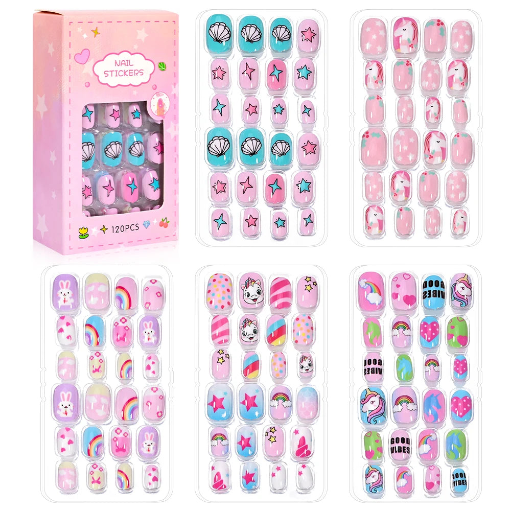 120Pcs Kids Cute Bow Heart Design False Nails Cartoon Animal Short Square Full Cover Fake Nail Tips for Girls Press On Nails