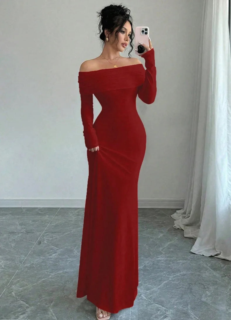 New arrival elegant women for spring season. Elegant long dress featuring a chic one-shoulder (slash neck)