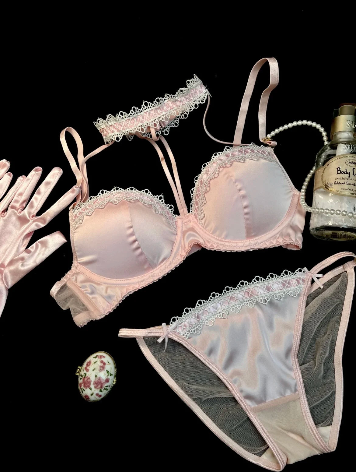 MOYISU Method Pearl Powder Bra Set Lace Halter Neck Design for Small Breasts Big Thick Cup Pure Desire Sexy Underwear for Women