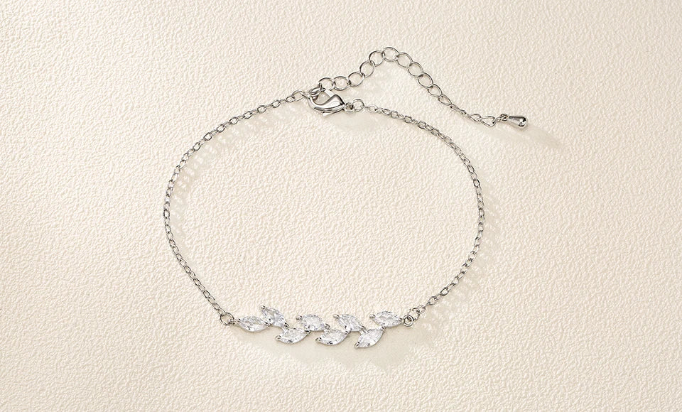ZAKOL Exquisite Leaf Cubic Zirconia Charm Chain & Link Bracelets for Women Girls Three Colors Bridal Wedding Jewelry