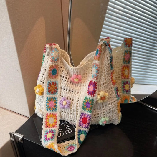 Boho Knitting Shoulder Bag Floral Large Capacity Bohemian Crochet Crossbody Bag Ethnic Style Lazy Style Casual Woven Handbag