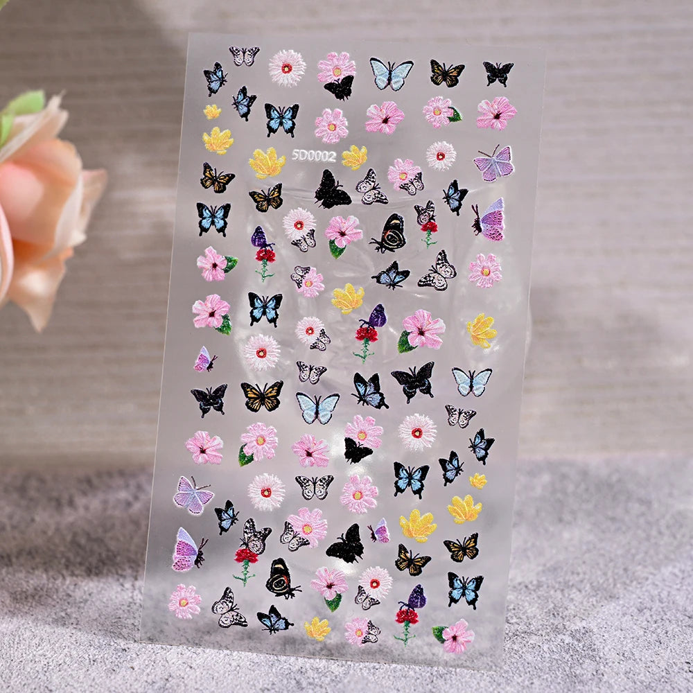 1Pc 5D Embossed Lavender Flower Nail Sticker Spring Floral Leaves Self-Adhesive Sliders Rose Heart Decals Manicure Decoration