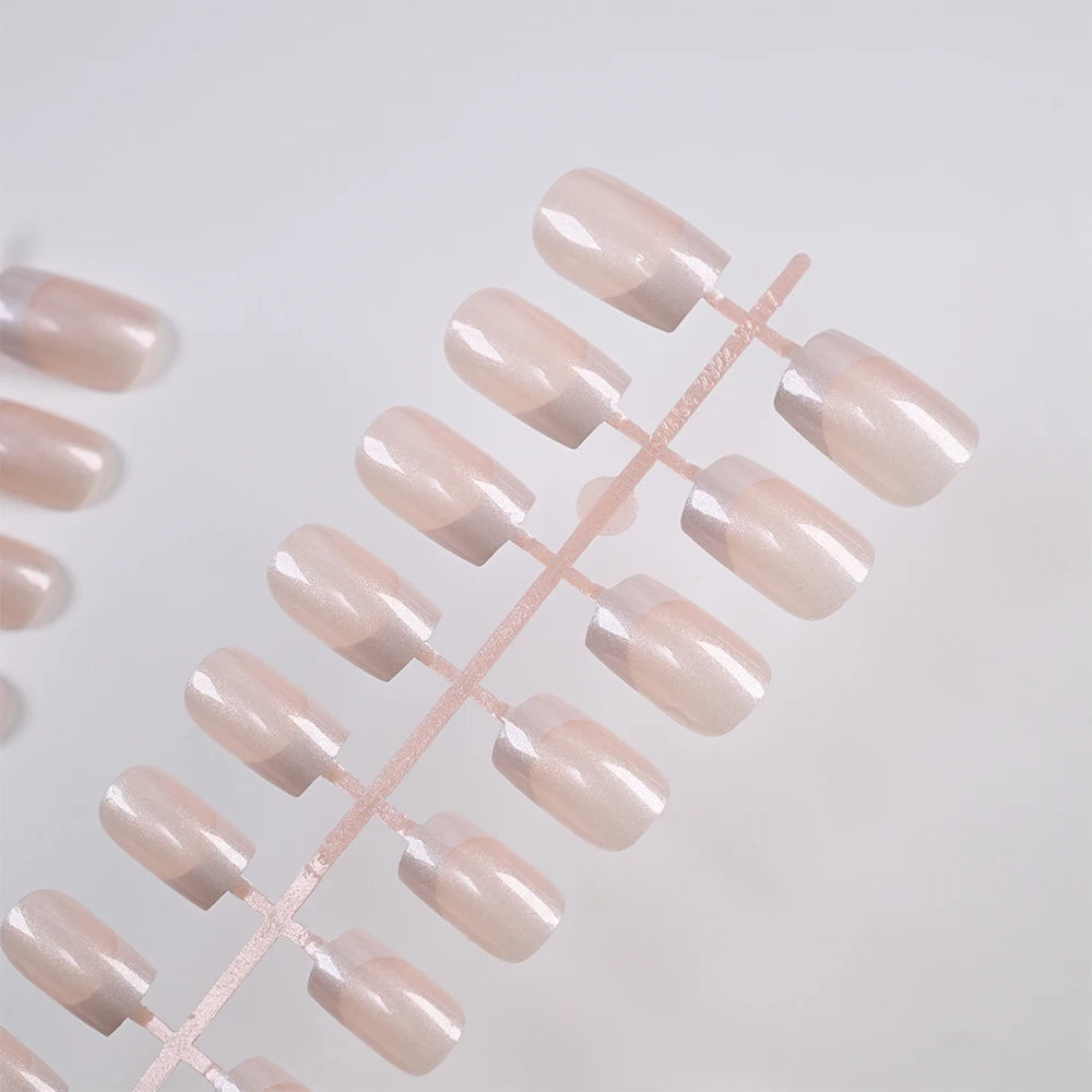120Pcs French Pearlescent Short Square False Nails Acrylic Full Cover Artificial Press On Nails Glossy Fake Nails Extension