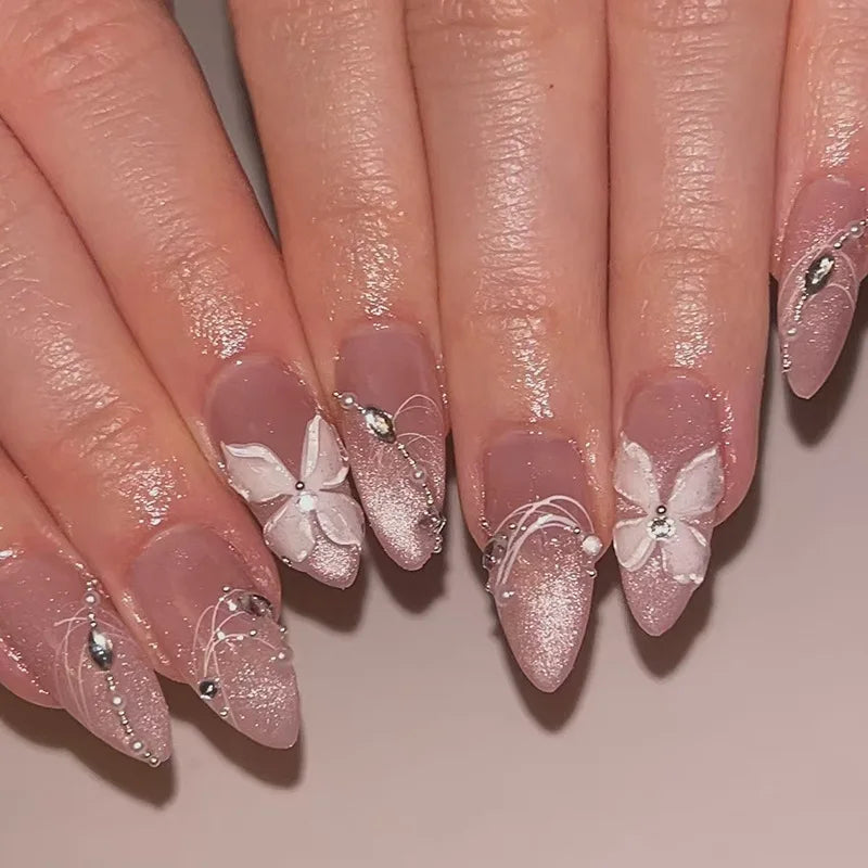 24Pcs Autumn Winter Matte Almond False Nails with Glue Rose Leaf Printing Nail Art Simple Full Cover Press on Acrylic Nails Tips