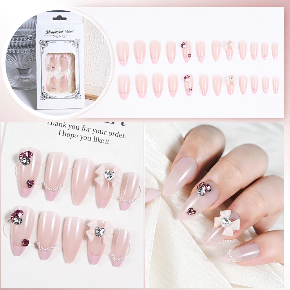 24pcs/box Fake Nail Long Ballet Reusable Acrylic Press On Nails Artificial Nails Full Cover False Nail Tips with Jelly Stickers