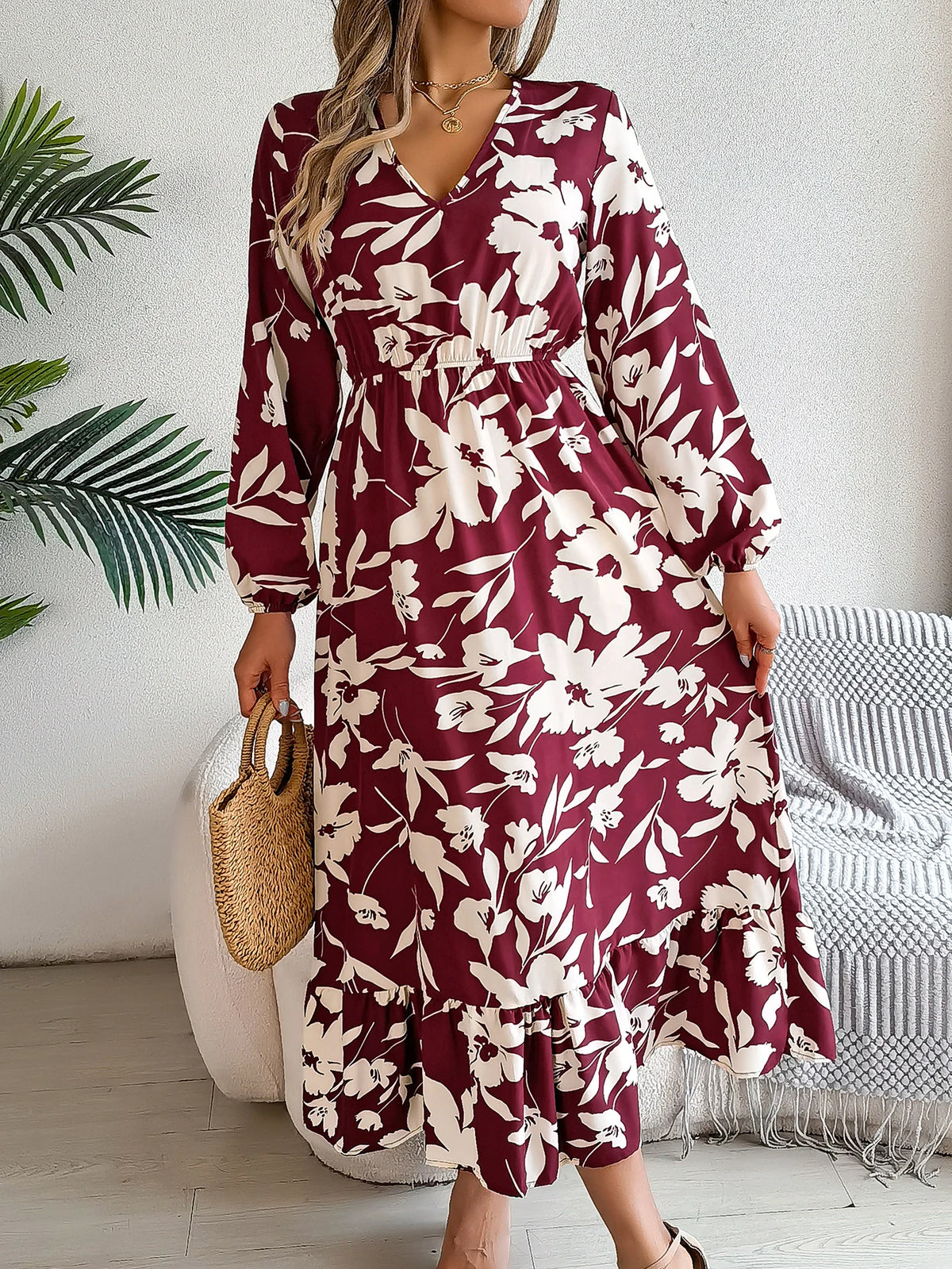 Spring Autumn Elegant V Neck Floral Print Dress 2026 Fashion Lantern Long Sleeve Ruffled Edge Maxi Dresses for Women Streetwear