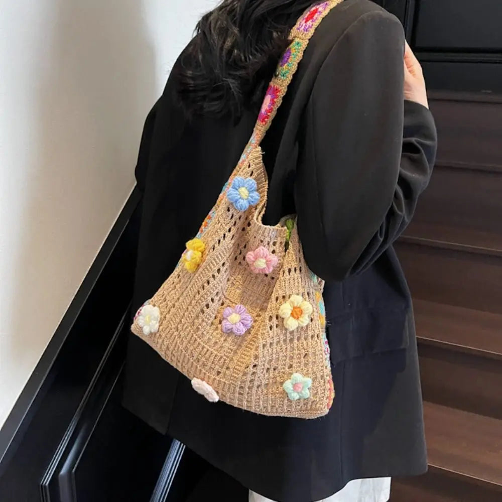 Boho Knitting Shoulder Bag Floral Large Capacity Bohemian Crochet Crossbody Bag Ethnic Style Lazy Style Casual Woven Handbag