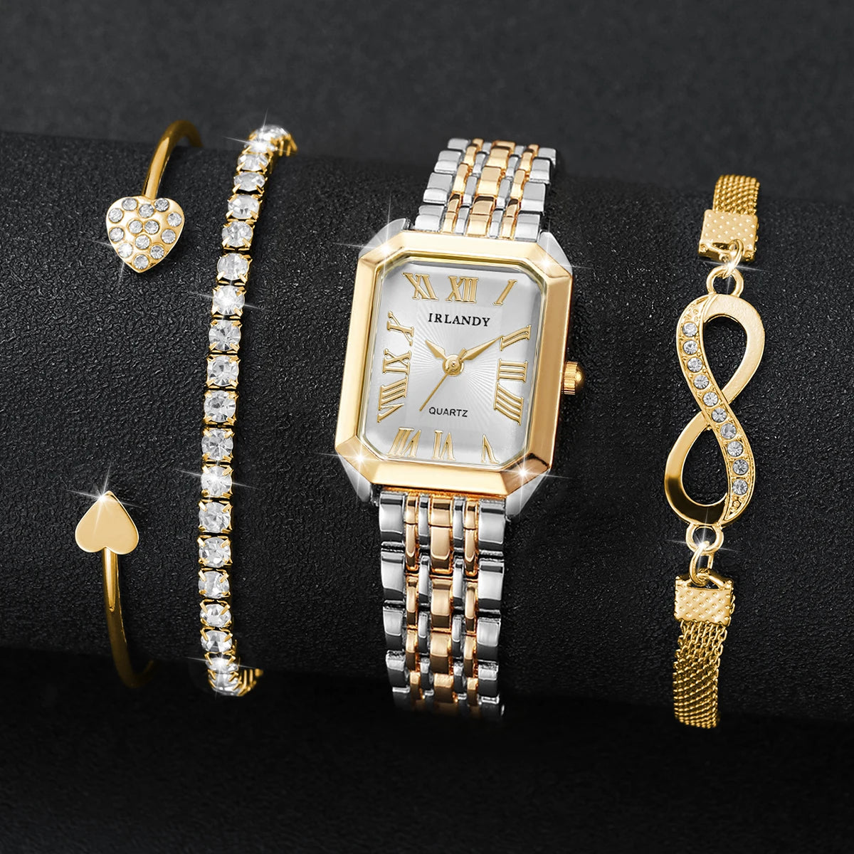 4PCS Elegant Rectangle Women Quartz Watch Bracelets Set Fashion Metal Girls Bracelet Wristwatches Relogio Feminino（Without Box）