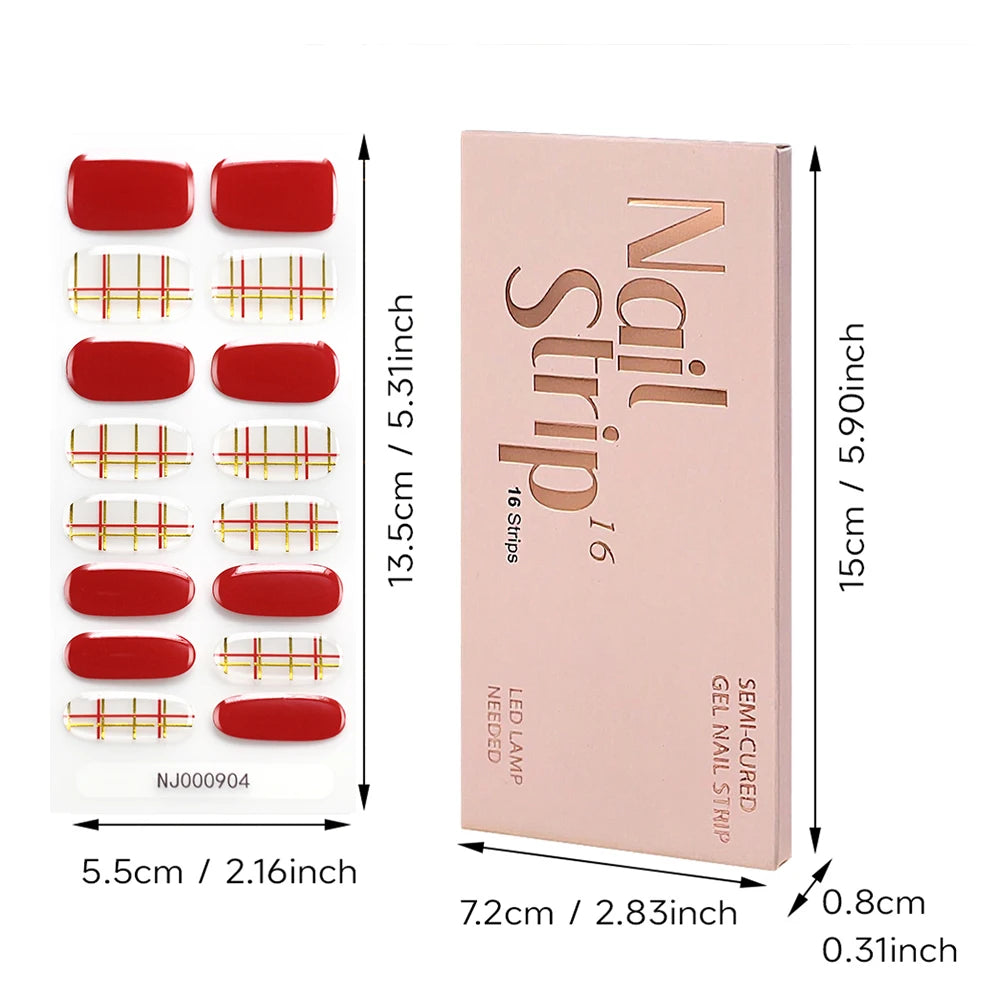 16Tips Gradient Semi Cured Gel Nail Strips Blush Flower Design Full Wrap Nail Decals French Gold Lines Gel Nail Polish Sticker
