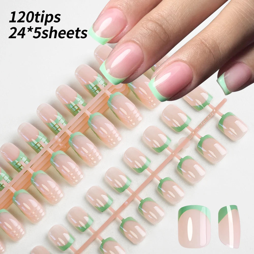 120Pcs Acrylic Short Square Fake Nails Colorful French Tip Extensions Press On Nails Full Cover Wearable Artificial False Nails