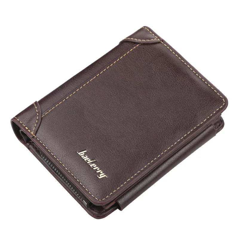 Multi-Card Triple Fold PU Leather Men's Short Wallet Large Capacity Zipper Coin Purse Simple Business Vertical Card Holder