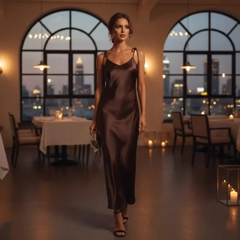 Sexy Backless Strap Sleeveless Satin Female Dress Chic Women High Waist Bodycon Maxi Dress 2026 New Summer Casual Dresses