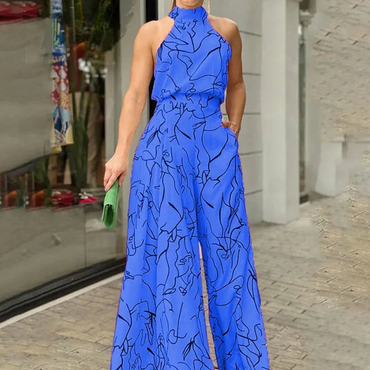 Summer Lace-Up Sleeveless Jumpsuit – Loose Fit with Geometric Print & Pockets | جمبسوت صيفي أنيق بدون أكمام برباط خصر ونقشة هندسية مع جيوب