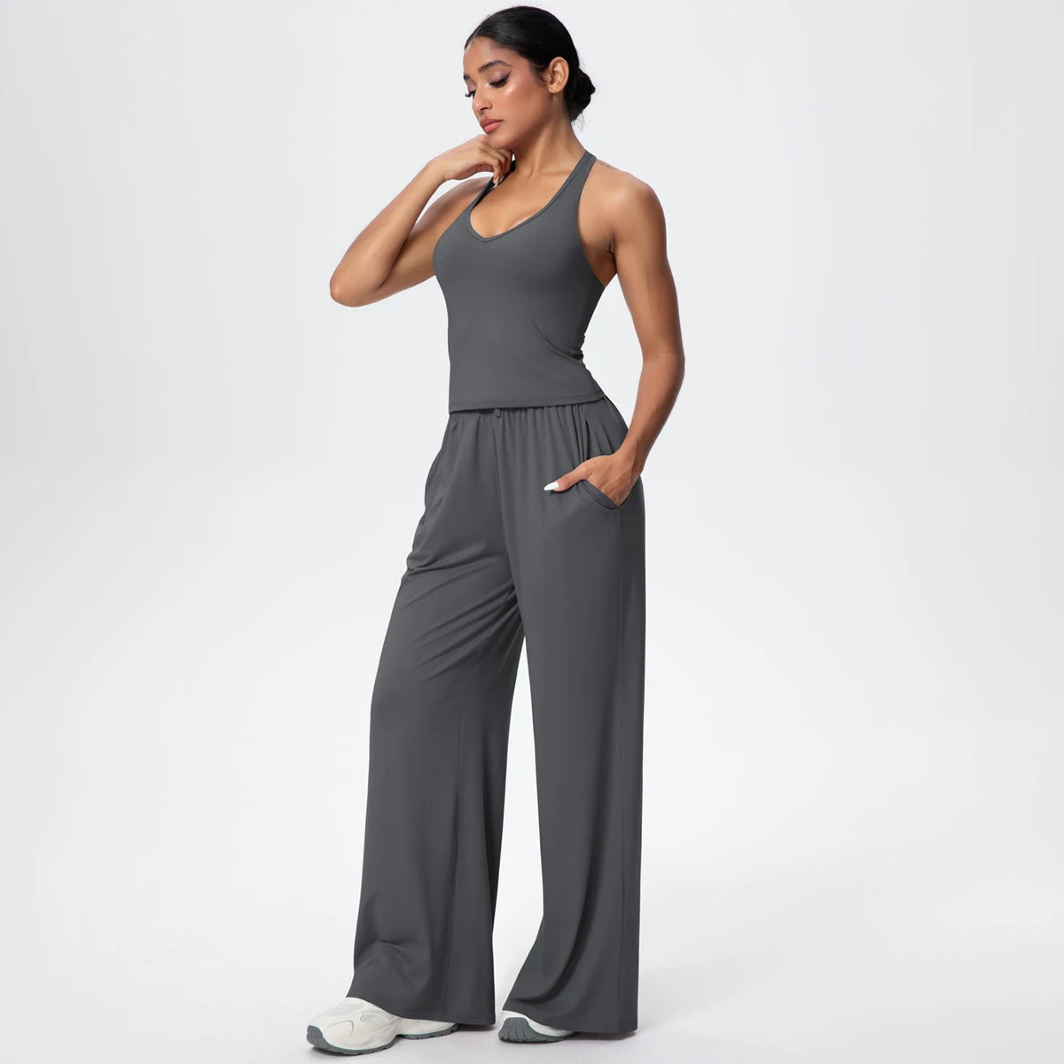 Breathable Loose Wide Leg Pants and Yoga Vest Set Solid Color High Stretch Pockets Pants Beautiful Back T-shaped Vest Yoga Suit
