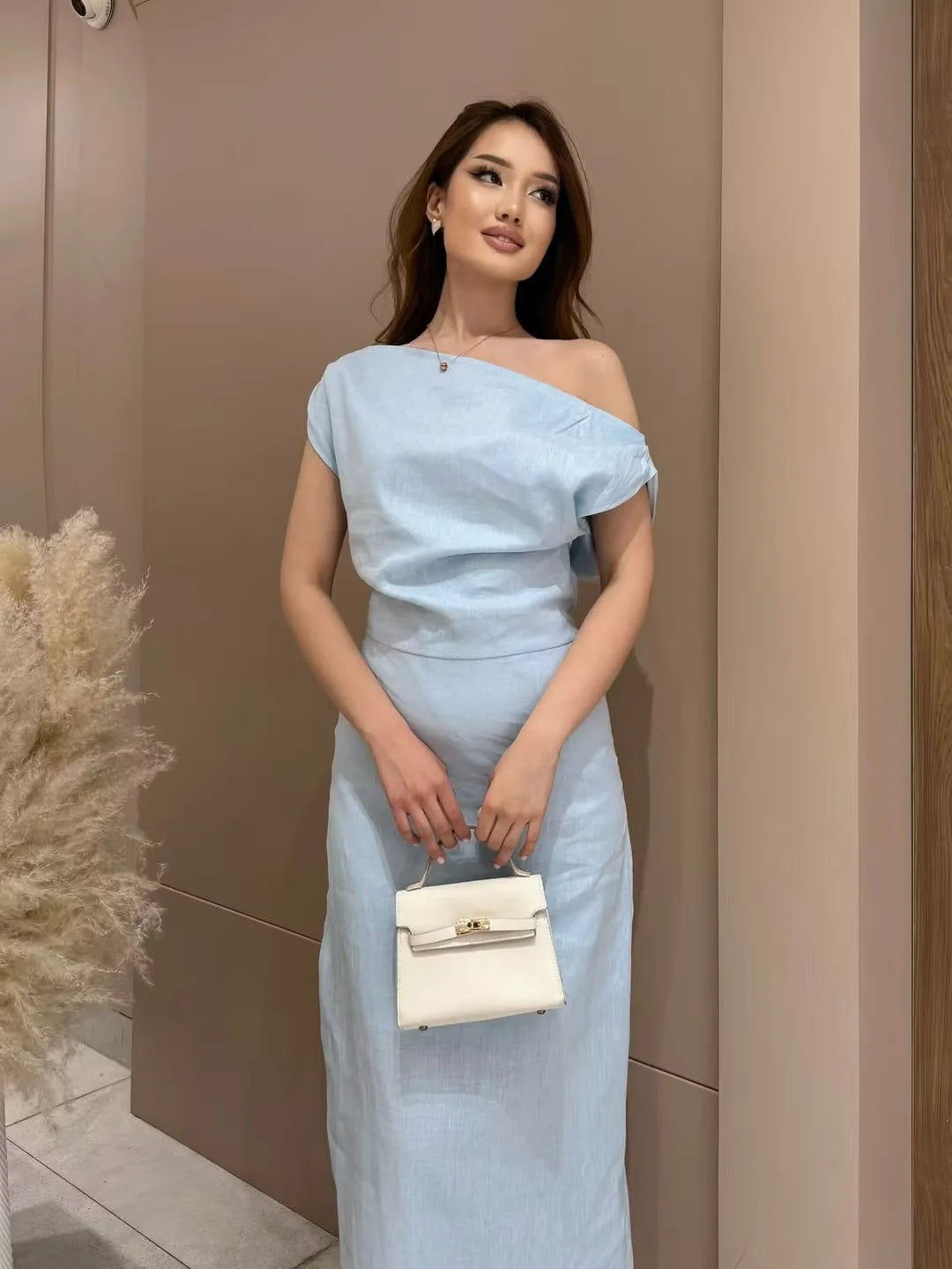 Elegant Solid One Shoulder Dresses Lady Skew Collar Waist-cinching Sleeveless Long Dress 2026 Women New Party Club Gowns