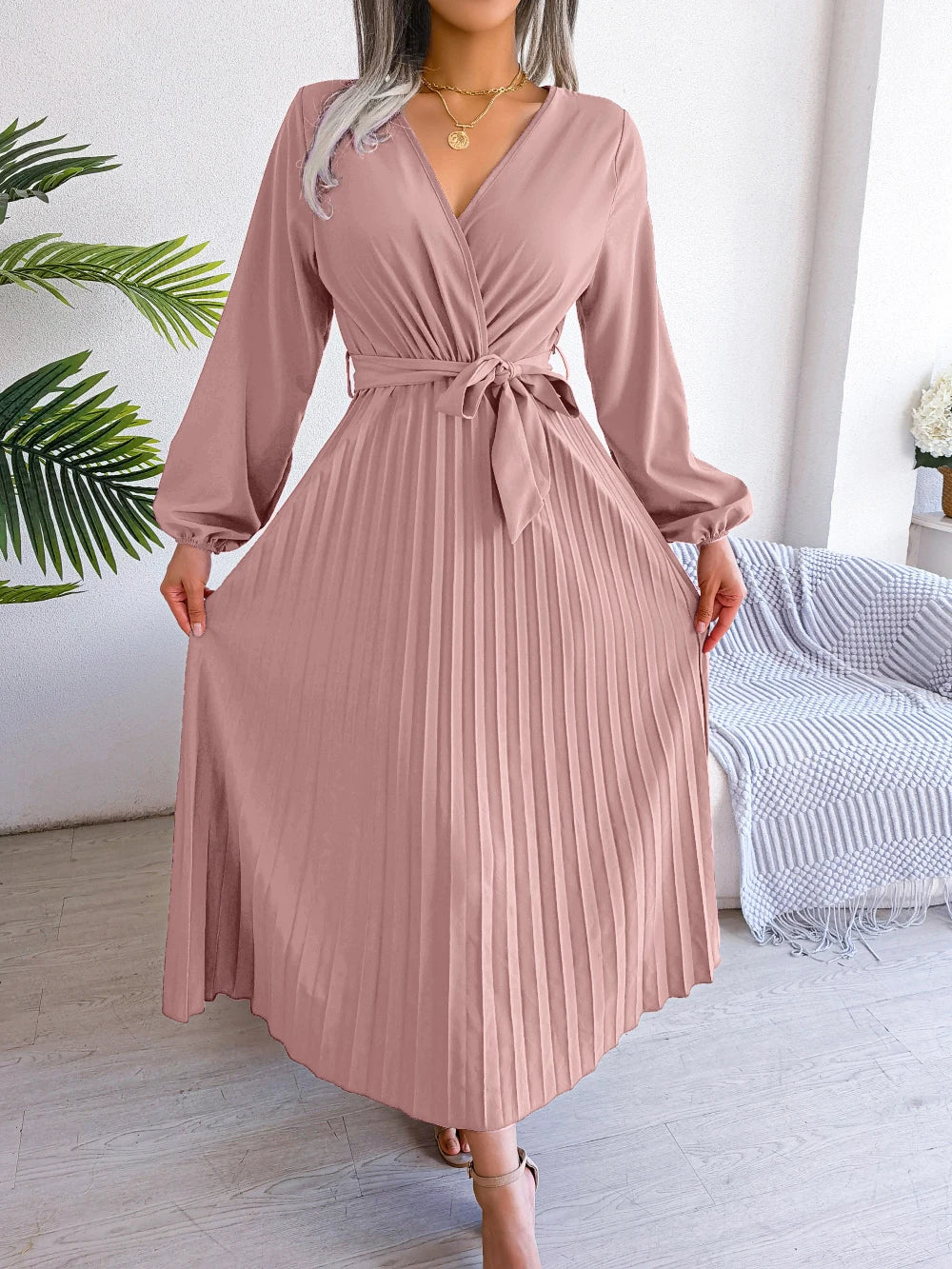Women Elegant V Neck Long Sleeve Pleated Maxi Dress