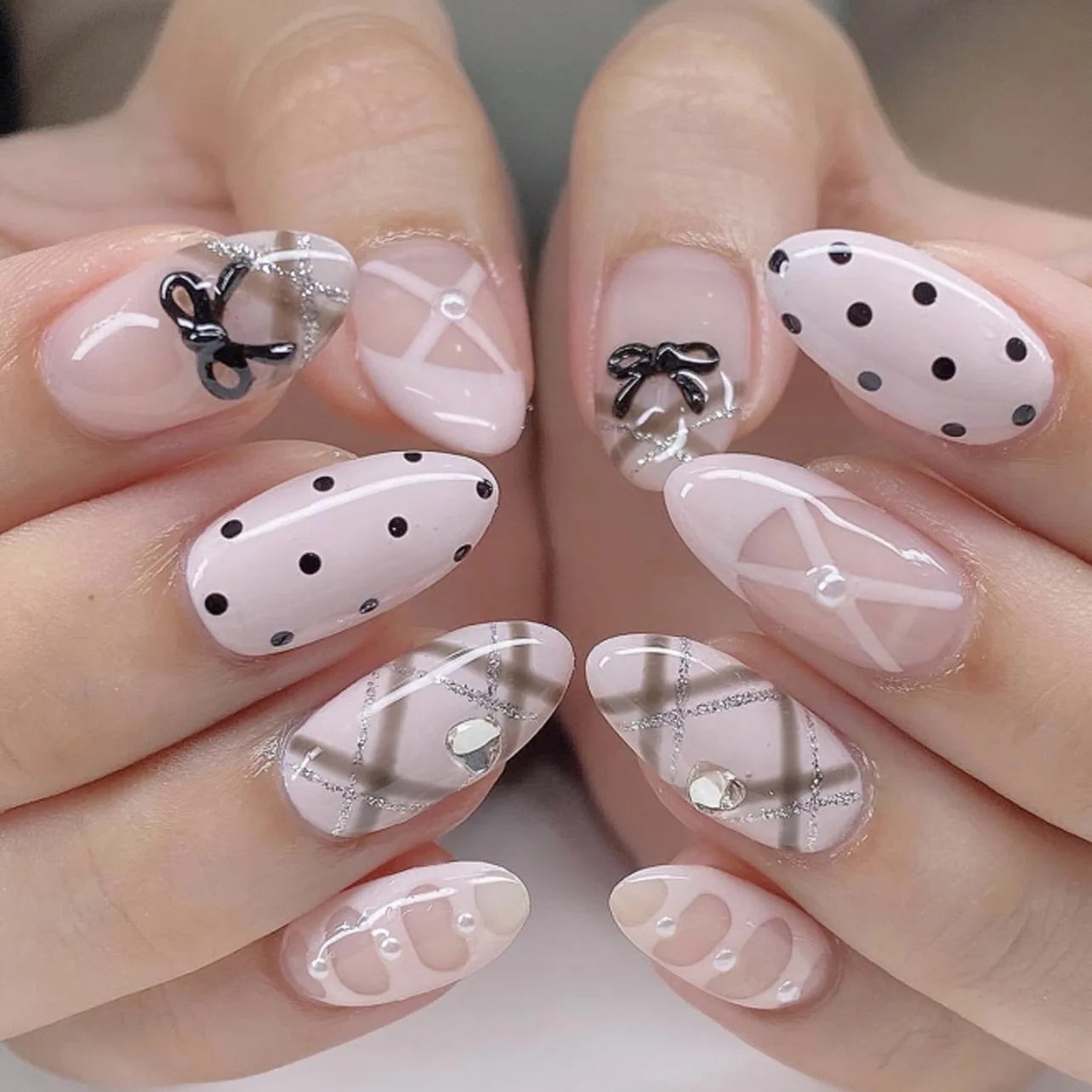 Sweet Pink Almond Press-On Nails with Bow & Heart – 24PCS
