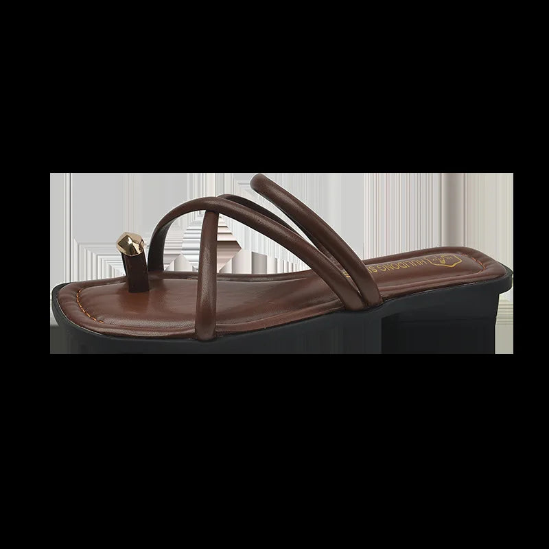 Women Summer Slippers Ladies Sandals Metal Decor Thong Flip Flop Low Heel Shoes Woman Outdoor Retro Brown Sandals Female