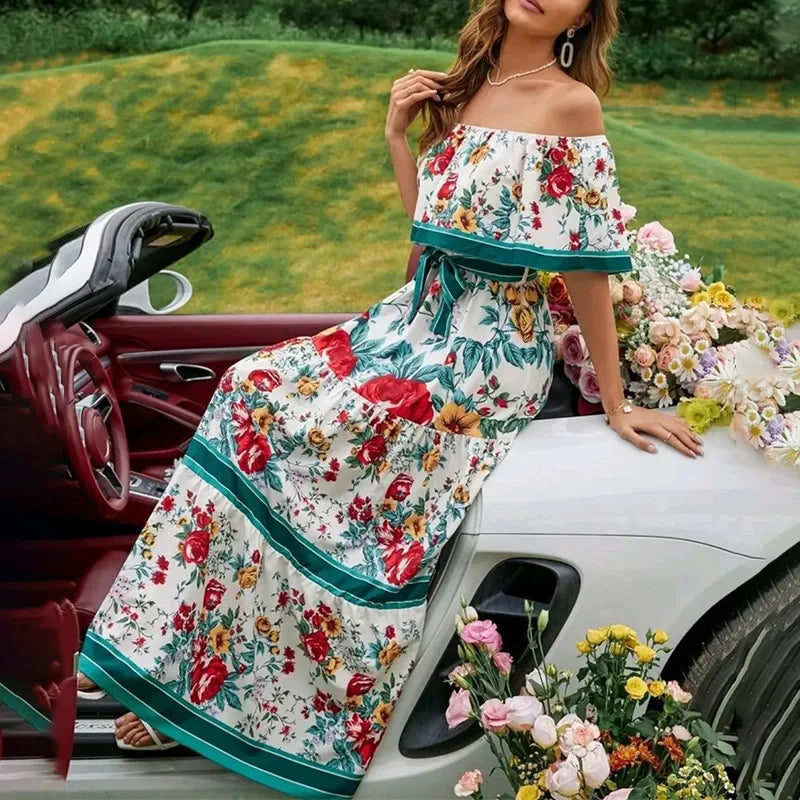 BKLD Elegant Printed Maxi Dress Sexy Off The Shoulder Tie Waist Slim Fit Dress Women Summer Party Vacation Outfits 2026 New